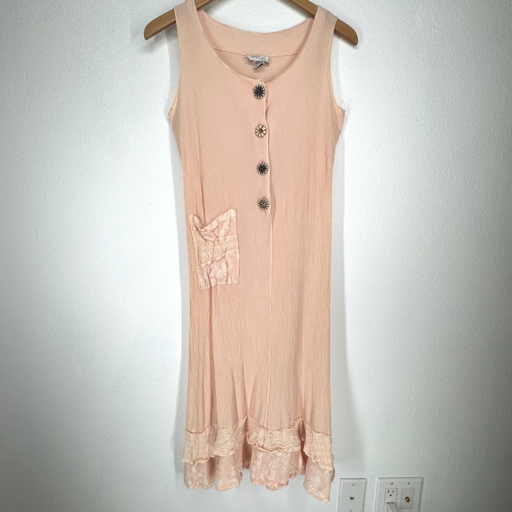 Vintage Rayon Crepe Patchwork Midi Dress Ruffle Small Peach Boho Hippie Festival